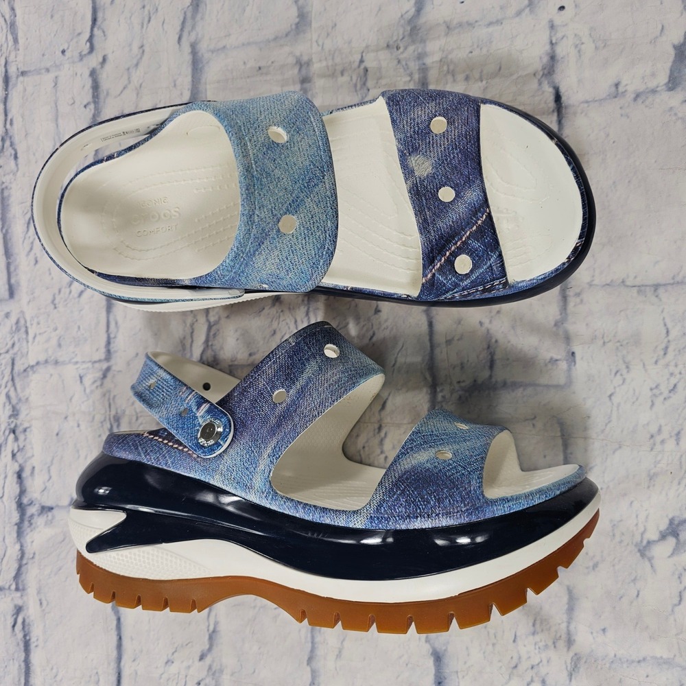 Crocs Mega Crush Sandal Womens 10 Blue Denim Print Platform Lug Sole Streetwear